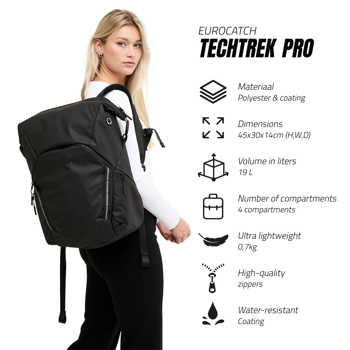 TechTrek Pro – Wasserabweisender Rucksack 19L Schwarz