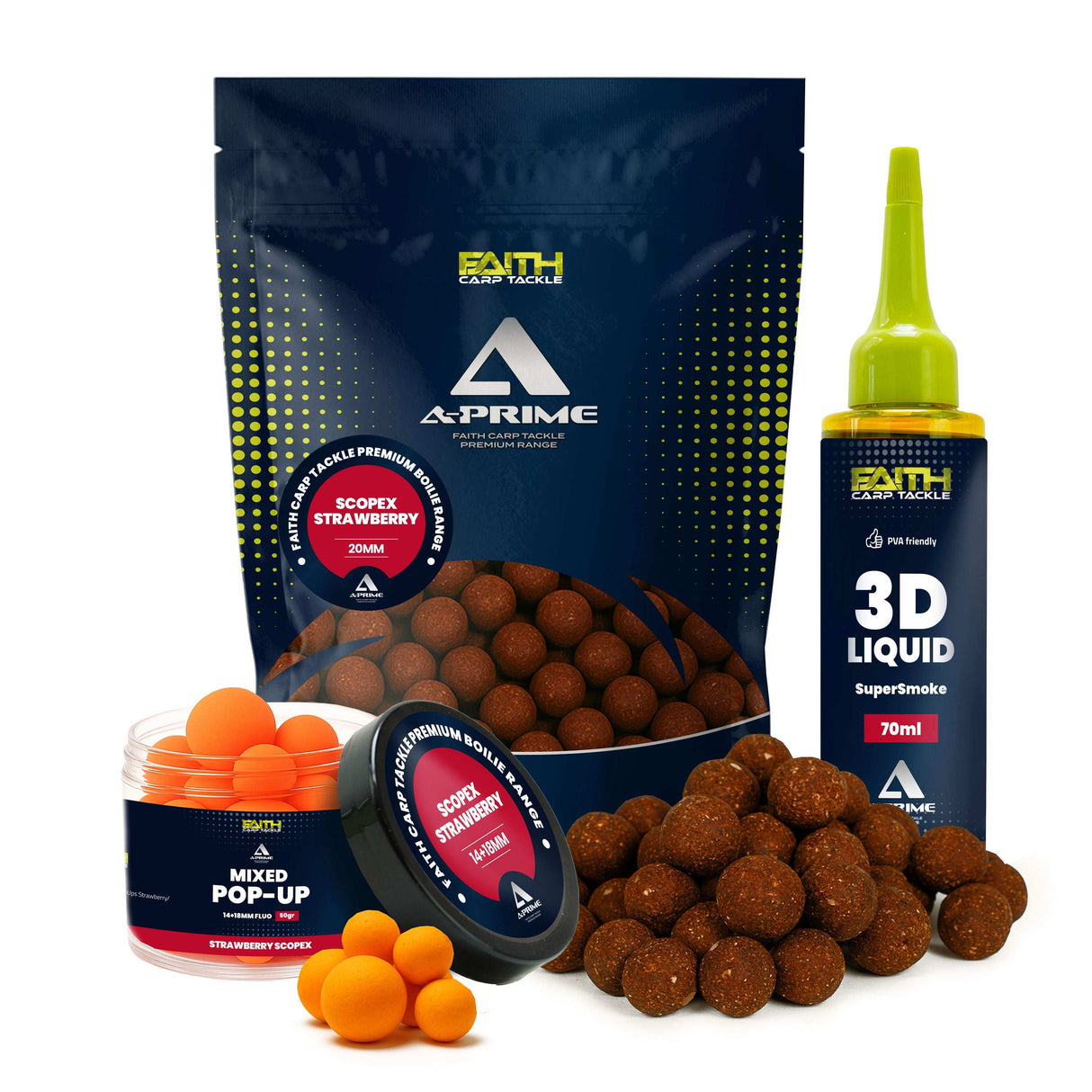 Faith A-Prime Boilie Kombi-Set mit Pop-Ups und SuperSmoke Liquid in verschiedenen Geschmacksrichtungen Strawberry & Scopex
