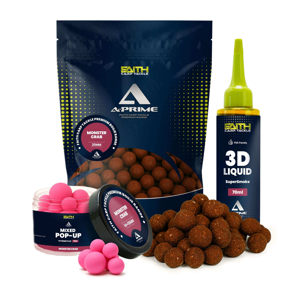 Faith A-Prime Boilie Kombi-Set mit Pop-Ups und SuperSmoke Liquid in verschiedenen Geschmacksrichtungen Monster Crab