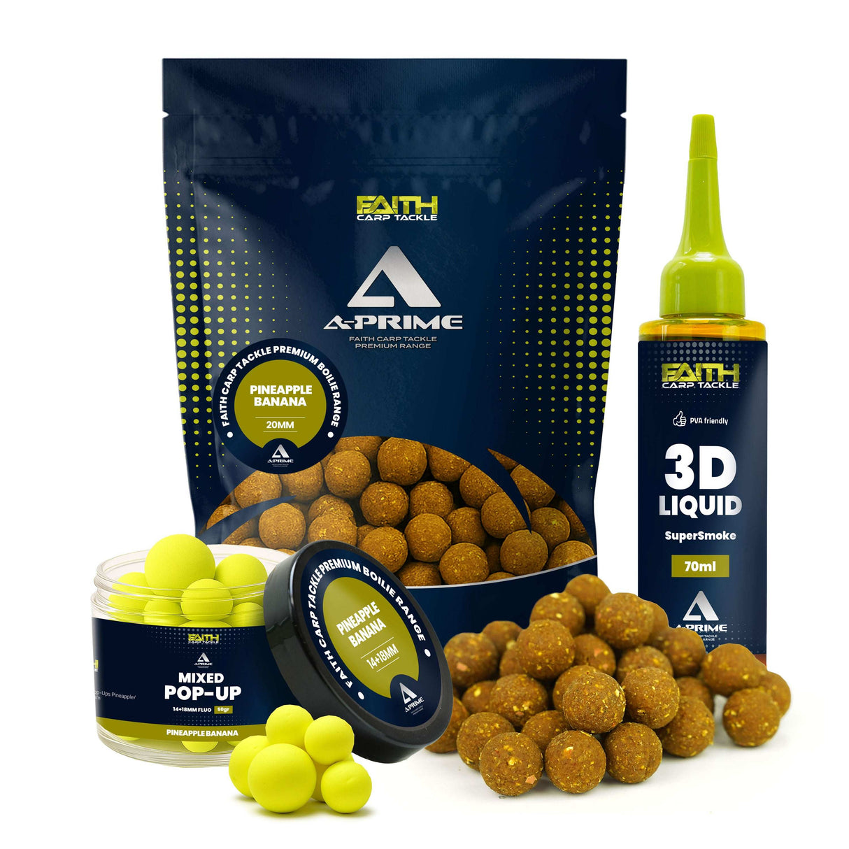 Faith A-Prime Boilie Kombi-Set mit Pop-Ups und SuperSmoke Liquid in verschiedenen Geschmacksrichtungen Banana & Pineapple