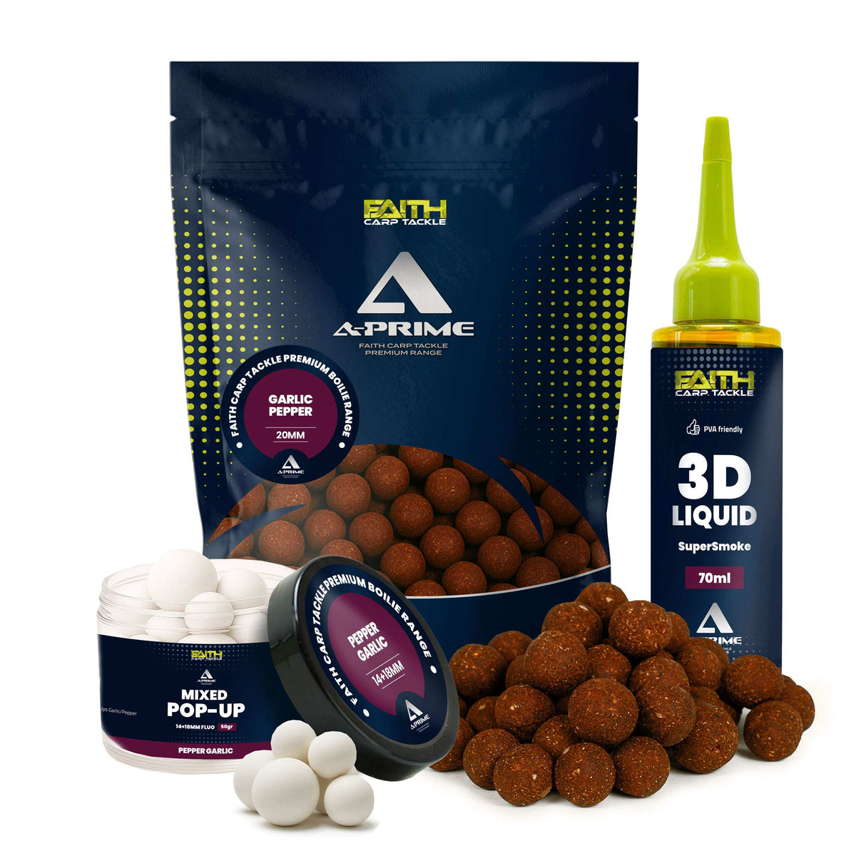 Faith A-Prime Boilie Kombi-Set mit Pop-Ups und SuperSmoke Liquid in verschiedenen Geschmacksrichtungen Garlic & Pepper