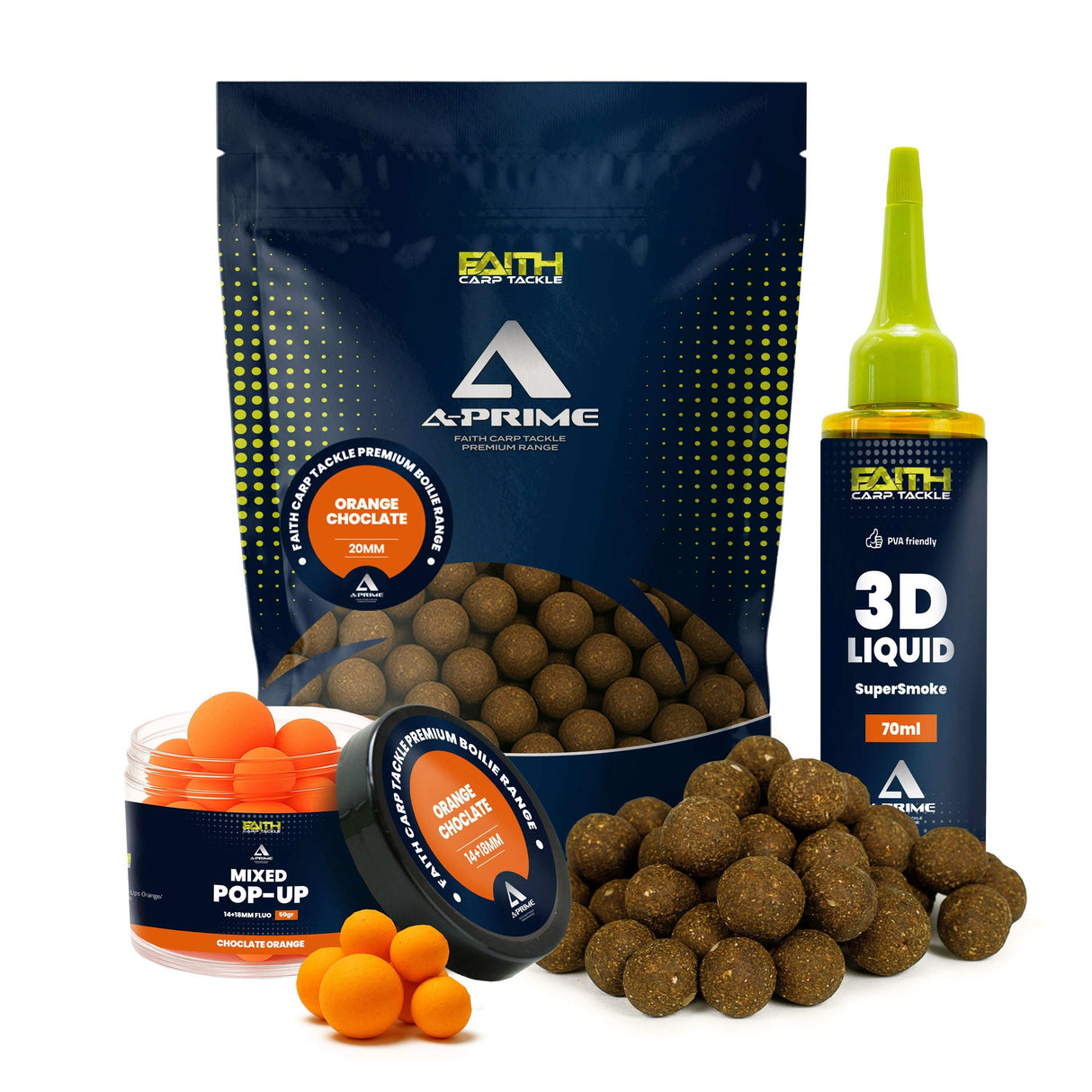 Faith A-Prime Boilie Kombi-Set mit Pop-Ups und SuperSmoke Liquid in verschiedenen Geschmacksrichtungen Orange & Chocolate