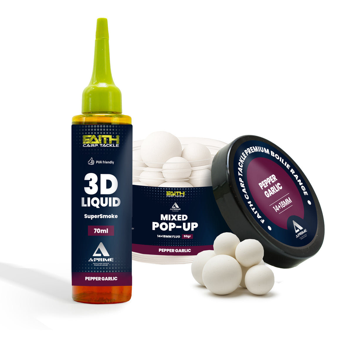 Faith A-Prime Pop-Up Boilies in verschiedenen Geschmacksrichtungen Garlic & Pepper