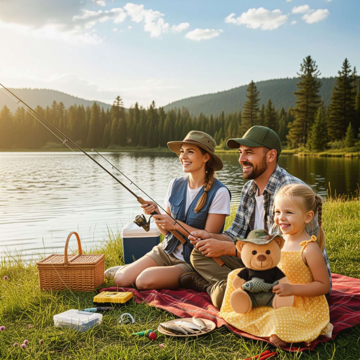 Teddybär Angler mit Fisch und Anglerhut - 25 cm