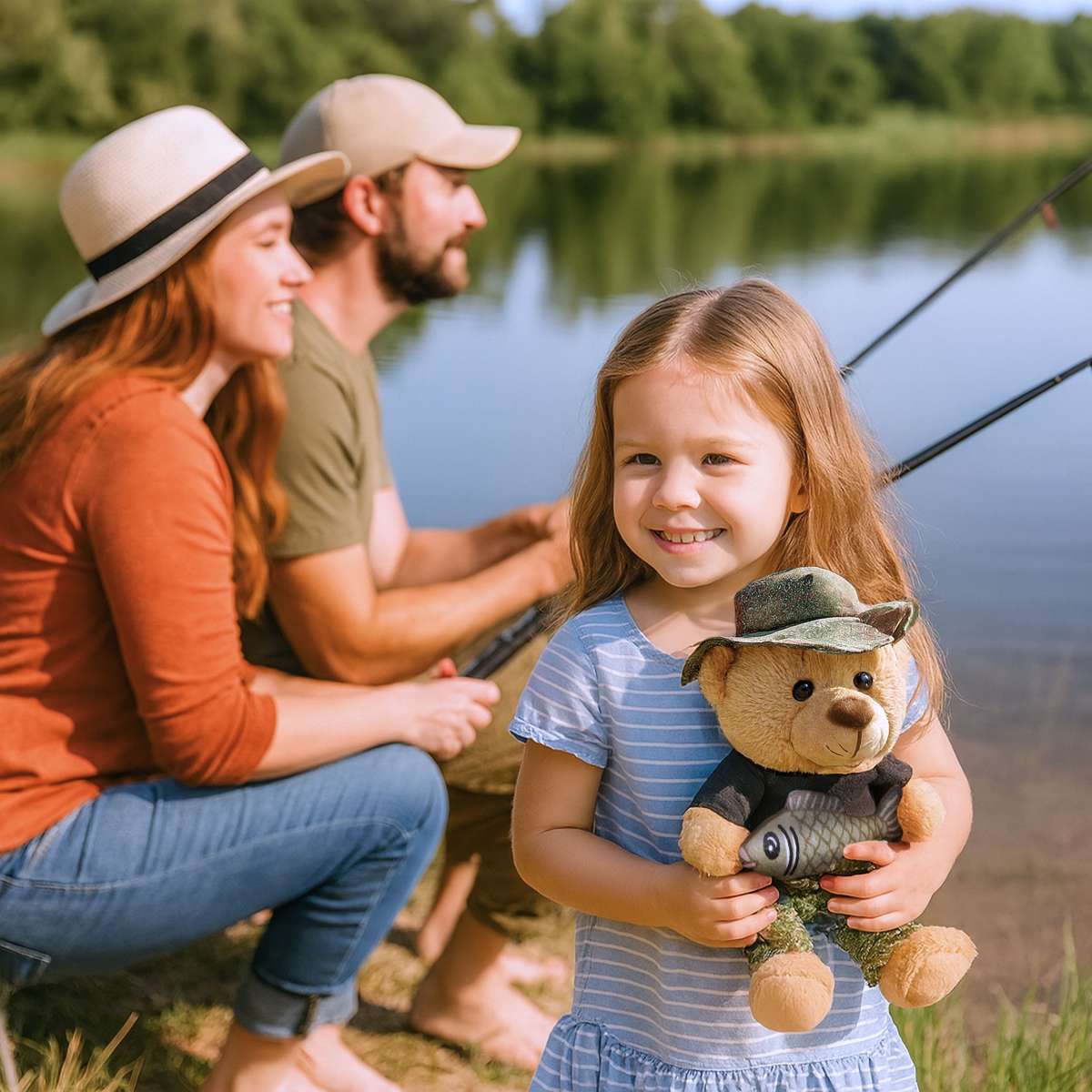 Teddybär Angler mit Fisch und Anglerhut - 25 cm