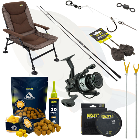 Faith Karpfen Komplettset mit Rute Rolle Schnur Boilies und Rig