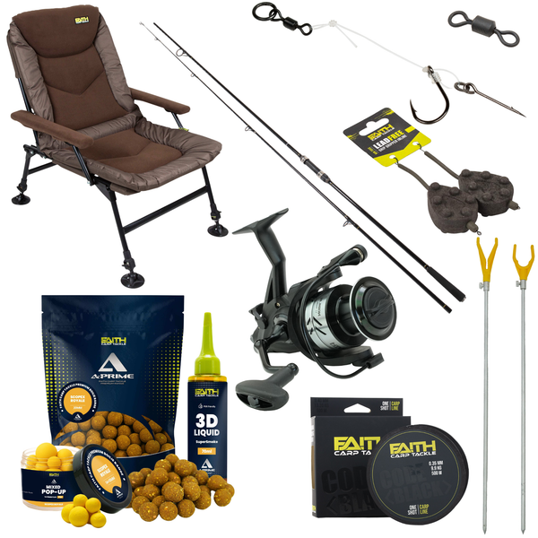 Faith Karpfen Komplettset mit Rute Rolle Schnur Boilies und Rig
