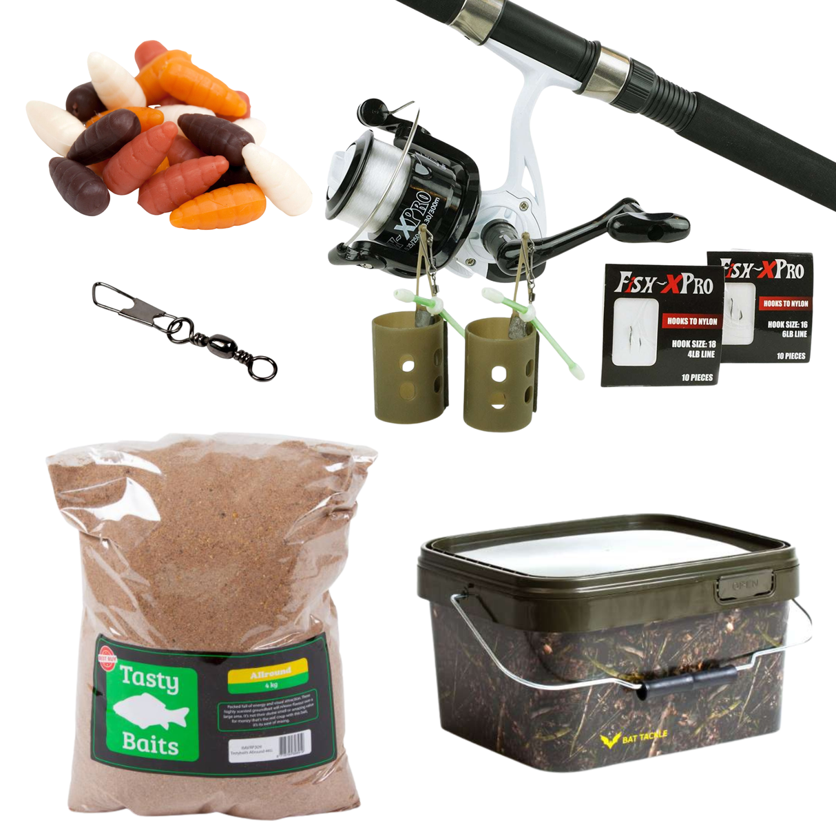 Feeder Set komplett mit Futter Eimer Wirbel und Madenimitat