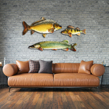 Eurocatch Hecht- und Barsch-Wanddekor-Set – 90 cm 3D-Metall & Glas
